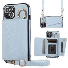 TENSIK iPhone 14 ケース 手帳型 アイフォン14 ショルダー スマホケース いphone14 カバー PUレザー 肩掛け 斜めかけ マグネット式 ICカード収納 鏡付き 写真入りポケット 調節可能な 携帯ケース ブルー 1