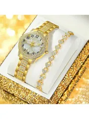 腕時計 レディース セット 2個 レディースファッションカジュアル ローマンダイヤル フルダイヤモンド 英国風腕時計 ジュエリーアクセサリーセット ファッションラインストーンブレスレットセット ウェディング祝賀会、