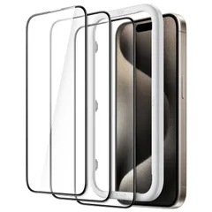 【迅速発送】JETech iPhone15ProMax(15 Pro Max 6.7インチ用) 全面保護フィルム 強化ガラスフィルム 黒縁 ガイド枠付き ケースに干渉なし HDクリア 3枚セット