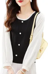 J-Scott バイカラーニットトップス 10分袖 パフスリーブ 丸首 飾りボタン トップスレディース おしゃれ 服装 トレンド レギュラー丈 コーディネート ふんわり袖 オシャレ JS106-BK-M(ブラック,  M)