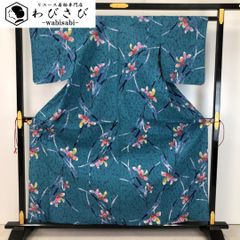 付下げ 刺繍の独楽柄 格子模様 藍錆色 ガード加工 しつけ糸 K-4750