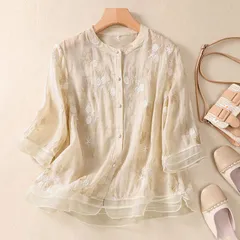 未使用 シャツ ブラウス レディース 七分袖 春 夏 花柄 刺? 綿麻風ブラウス シャツブラウス 総柄 トップス 大きいサイズ ゆったりチュニック 半袖 ナチュラル シャツ おしゃれ Tシャツ きれいめ 体型カバー カジュアル 森ガール mansi05