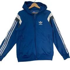 adidas アディダス トラックジャケット スリーライン 月桂樹 フーディー フード ライトアウター ワンポイント刺繡 ジャージ カンボジア製 Sサイズ ブルー