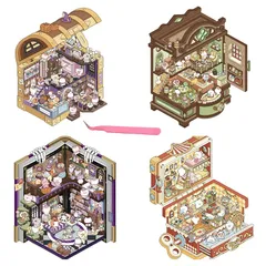 3D ハウスステッカー 4点セット DIY 3D コラージュ素材 シーンシール 造景シール コラージュ シール 紙ミニチュア模型 紙ドールハウス 紙素材 ピンセット付き 日記帳 立体 韓国系 ニッチ ストレス解消 可愛い シール 趣味 手帳素材パック (第 0