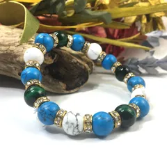グリーンタイガーアイ×ハウライト×ターコイズ パワーストーンブレス 10mm（ゴールド）メンズ・レディース 男性・女性 数珠ブレス 開運   [c]