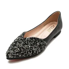 ☆ ブラック ☆ 39(24.5cm) ☆ ウエディングシューズ フラット pmyweds01 ブライダルシューズ パーティーシューズ フラットシューズ パンプス ローヒール ウエディング ポインテッドトゥ キラキラ フォーマル グリッター ぺたんこ