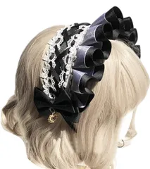 特価　メイド ゴスロリ ヘア セット オーガンジー 編みこみ リボン アクセサリー サテン レース ヘッドドレス スピンドール (ブラック) ロリータ コスプレ系 ABUNDANTDOODS