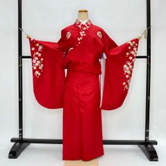 二尺袖 単品 卒業式着物 赤 裄68cm Lサイズ  袴用着物 化繊 中古 4583