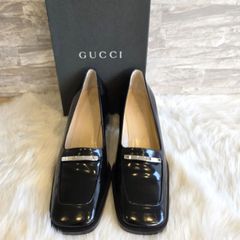 グッチ　gucci ローファー ヒール スクエアトゥ　パンプス ☆ GUCCI(グッチ) ロゴプレート付き スクエアトゥ 太ヒール