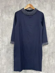 POURVOUS ビジュー付き ひざ丈 Iライン ワンピース sizeL/濃紺 ◇■◎レディース