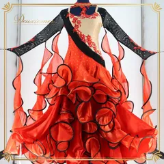 社交ダンス 衣装 スタンダードドレス ドレス ワンピース スタンダード 赤 黒 フリル レース フロート デモ 競技 ダンス パーティ 発表会 レッド系 ブラック系 ボリューム フリル デザイン 目立つ ダンス衣装 ステージ衣装 おしゃれ ダンスパーティ