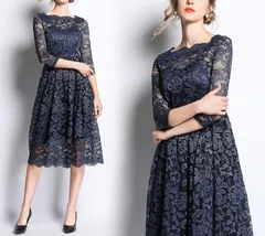 総レース　刺繍　ドレス　ワンピース　結婚式　お呼ばれ　パーティー　ネイビー　XL