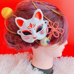人気☆きつね☆ミニお面☆2点セット☆組紐☆鈴☆成人式髪飾り☆卒業式髪飾り☆お祭り髪飾り☆よさこい髪飾り☆御神輿☆だんじり祭り☆祇園祭☆お揃い☆体育祭☆浴衣ヘア