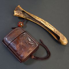 時代物 煙管 煙草入 煙管筒 金口 細工 彫刻  一式  骨董 アンティーク 煙管筒 煙草入 染象牙と螺鈿細工 ＜在銘＞ | 【骨董品買取】日本