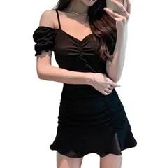 [ReiLuana] ワンピース オフショル フリル 半袖 スリム ミニ 無地 美 バスト 脚長 ハイ ウエスト (JP, アルファベット, M, ブラック) [ブラック] [M]