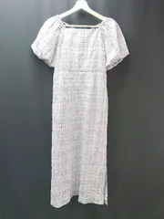 ◇ MAJESTIC LEGON 裏地 チェック柄 スリット ウエストゴム 半袖 ひざ丈 ワンピース サイズM グレー レディース E  【1307260041378】