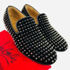 美品★Christian Louboutin・クリスチャンルブタン ROLLERBOYメンズ ベルベットレザー スパイクスタッズ ローファー(41)スタッズ メンズシューズ スニーカー カジュアル ブランド スリッポン ブラック