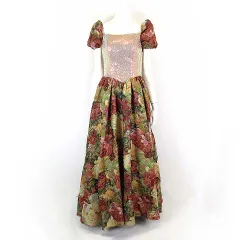 ドレス ロングドレス ステージドレス カラードレス 演奏会 花柄 フラワー ゴブラン織り パフスリーブ スパンコール装飾 F ボルドー ブラウン グリーン ピンク ベージュ 発表会 結婚式 謝恩会 2次会