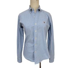 中古 ラルフローレン RALPH LAUREN 長袖 ボタンダウン シャツブラウス クリーニング済み ライトブルー レディース サイズ２