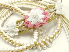 平和屋着物●和装小物　振袖用帯締め　装飾　つまみ細工　パール　金糸　撚り房　逸品　未使用　AAAV1647ay