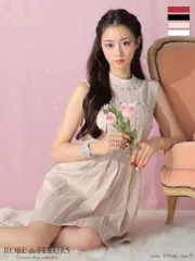ピンク [fm3322-P-2401]【ROBE de FLEURS/ローブドフルール】スプリングツイード/ ハイネック/ ビジュー/ ノースリーブ/ フレア/ ミニドレス/ キャバドレス/ ナイトドレス/ ワンピース