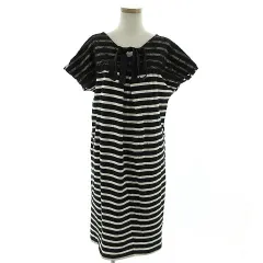 アースミュージック&エコロジー EARTH MUSIC & ECOLOGY ワンピース 半袖 ひざ丈 レース リボン ボーダー コットン 黒 ブラック 白 ホワイト F