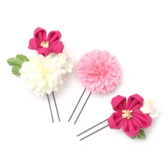 髪飾り 成人式 つまみ細工 水引 振袖 前撮り 袴 浴衣 夏祭り 花火大会 豪華3点セット 白 ピンク ちりめん ヘアアクセ かんざし No.9-4004