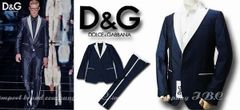 ★DOLCE&GABBANA★ドルガバD&Gシルク1Bスーツ紺×白ライン46紺白