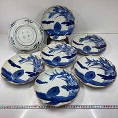 古伊万里　染付鷺の図中皿7枚　直径20.5㎝　東Y5-0614②タニオ 古伊万里 染付鷺の図中皿7枚 直径20.5㎝ 東Y5-0614②タニオ