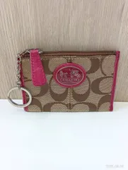 【中古品】 COACHコーチ シグネチャー コインケース 小銭入れ キーリング付き キャンバス×レザー 茶ブラウン×ピンク ファッション小物 財布 現状品