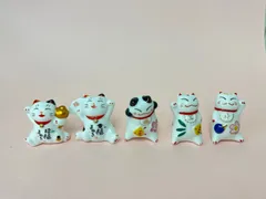【龍馬】可愛い猫の箸置き　幸せ　しあわせこいこい　幸福　招き猫　5個セット　陶器　陶磁器