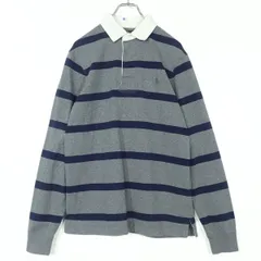 ラルフローレン★ポロシャツ 長袖 サイズM  メンズ グレー×ネイビー系 ワンポイント♪ボーダー柄 コットン100！z15795