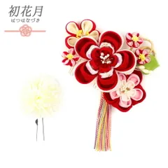 髪飾り 成人式 つまみ細工 赤 振袖 袴 花 2点セット 花 白 ピンク ゴールド マルチカラー ちりめん 房 組紐 和柄 ラインストー No.12-0244