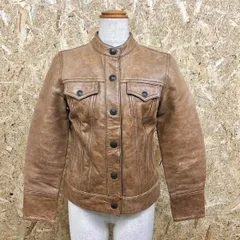 古着 GAP ギャップ XS SS レディース レザージャケット ドットボタン留め バンドカラー 裏地付き 長袖 無地 両胸ポケット 牛革100% ブラウン 茶系