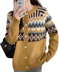 1/2plus ニブンノイチプラス カーディガン ノルディック柄 長袖 羽織り 前開き トップス レディース 黄色(イエロー,  M)