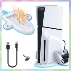 【新型 PS5 Slim 対応】PS5 Silm用 スタンド 縦置き コントローラー 充電スタンド， TanReginal 新型PS5 用冷却ファン PS5 Slim周辺機器，PS5 Slim本体ディスク/デジタル兼用 PS5 Slim用充電スタンド 縦置