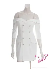 ホワイト[OF05] [AOC3908-GY-2505]XSサイズあり【an /アン】ショルダービジュー/ ダブルボタン/ オフショル/ ハーフスリーブ/ ジャケット風/ タイト/ ミニドレス/ キャバドレス