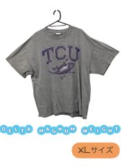 DELTA MAGNUM WEIGHT　半袖Tシャツ　テキサスクリスチャン大学　英字ロゴプリント　グレー　プリント色褪せ　U-445