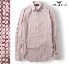 美品 EMPORIO ARMANI エンポリオアルマーニ 幾何学総柄 長袖 ドレスシャツ 赤 レッド S【参考価格￥28,400-】