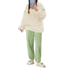 【在庫セール】[GlamollaMisse] レディース ルームウェア セットアップ ふわふわ もこもこ パジャマ 丸首 あったか フランネル 可愛い ケーブル柄 女性用 ホームウエア 上下セット 部屋着 室内着 長袖パジャマ 大人 防寒 保温 秋 冬 軽量