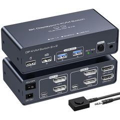 【8K DP 2入力2出力】DisplayPort KVM 切替器 SW623 4K 144Hz デュアル モニター 同時出力 2PC 共有 USB 3.0 ハブ DP 2入力2出力 セレクタ モニター TV プロジェクター 出力 キーボード マウス プリ 0