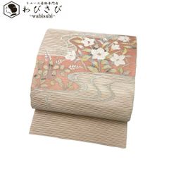 名古屋帯 博多織 恵比須細工 残布付 格子柄 抽象花模様小紫色 O-4766  