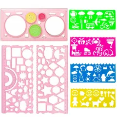 テンプレート 製図 定規 ステンシルシート 7点セット デザイン定規 円 イラスト 波線 (ピンク)
