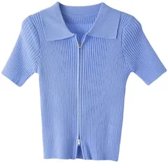 ASUMINARI(アスミナリ) AS80 襟付きカットソー ニット ダブルジップ 半袖 ジップアップ ショート丈 F( ブルー,  Free Size)