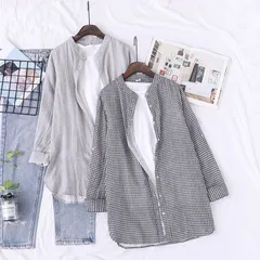 ガーゼ シャツ チュニック レディース ダブルガーゼ 2重ガーゼ ブラウス ガーゼシャツ 柔らか 羽織り ライトアウター スタンドカラー トップス 長袖 チェック柄 プレゼント 母の日  shengwei01