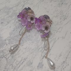 透け感ピアス パープル 花 シルバー パール