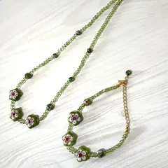 ビーズネックレス　ビーズブレスレット　グリーン　レトロ　花　お出かけ　夏　和風　お出かけ　セット