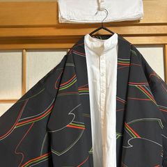 美品　メンズ　着物　羽織　和風　和モダン　ビッグサイズ　ビッグシルエット　かっこいい　カジュアル着物　和洋折衷　和モード　和洋ミックスコーデ　ブラック系　爽やか　まとめ売り2点セット