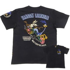 ルーニーテューンズ バンソン 半袖Tシャツ ロードランナー ワイリーコヨーテ MOTORFREAKS 刺繍Tシャツ LTV-2506 ブラック 新品