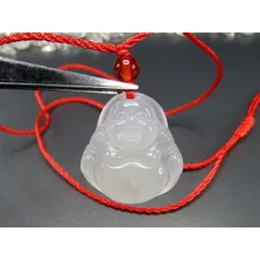 御守極美4Aミルキーホワイトオニキス布袋様彫り天然石ネックレス石街